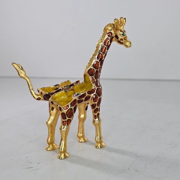 Vintage Giraffe Hinged Trinket Box Metal Enameled Green Rhinestone Eyes - Picture 6 of 9